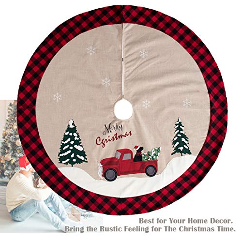 GMOEGEFT 48 Inches Christmas Tree Skirt Burlap with Buffalo Check Trim Rustic Truck and Dog Printing Xmas Home Decoration Ornaments (Truck & Dog)