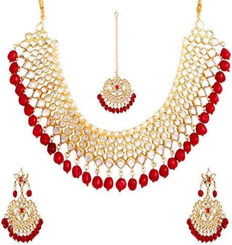 Quail Real Jaipuri Kundan High End Gold Plated Fancy Party/Wedding Wear Kundan Beaded Necklace Set for Women Traditional