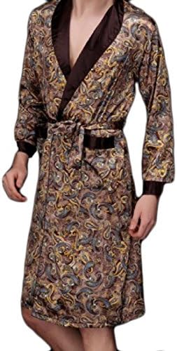 QueenHands Mens Mid Baggy Fit Oversized Printed Belted Pajama Lounge Set Coffee XL