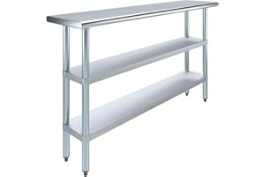 AMGOOD 60" Long X 14" Deep Stainless Steel Work Table with 2 Shelves | Metal Food Prep Station | Commercial & Residential NSF Utility Table