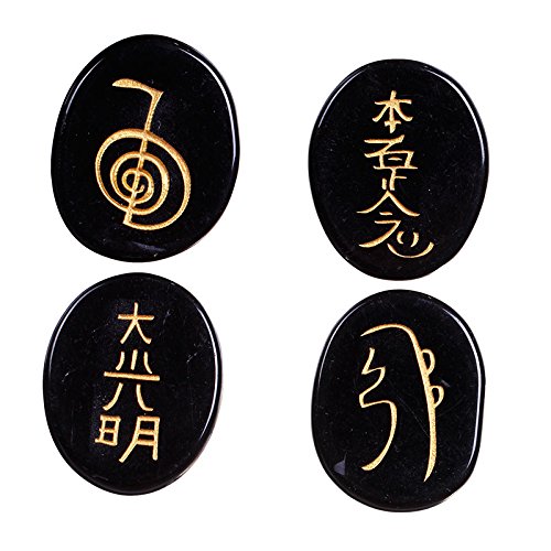 UPC 701392200909, TGS Gems Healing Crystals - 4pcs Engraved Chakra Black Obsidian Stone Palm Stone Crystal reiki symbols