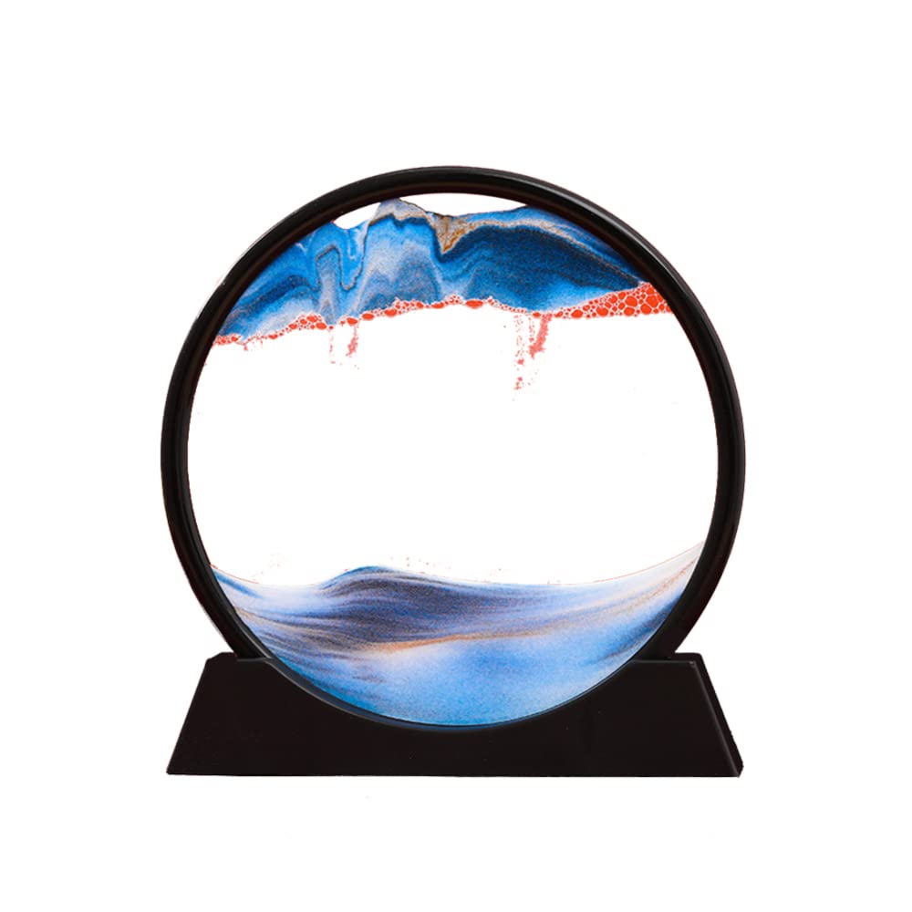 QISILE Flowing Sand Art,Moving Sand Art Picture Round Glass 3D Deep Sea Sandscape in Motion Display Flowing Sand Frame,Elaxing Desktop Home Office Work Decor,7 inch(blue)
