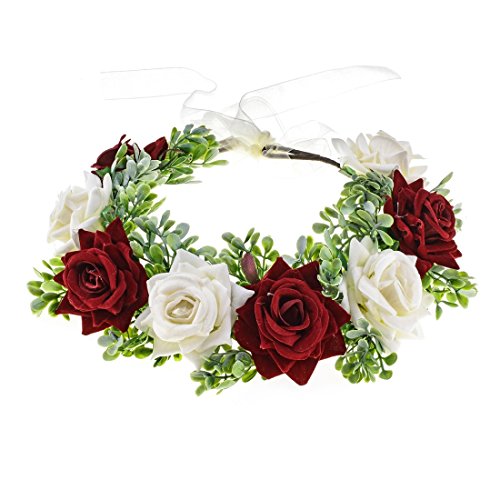 Daisyu Boho Flower Headband Hair Wreath Bridal Flower Crown Wedding Floral Crown Garland Halo (White/red) - Thumbnail 2
