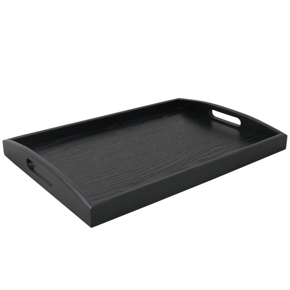 DILLMAN Serving Tray Large Black Wood Rectangle Food Butler Breakfast Platter With Handles (Small)