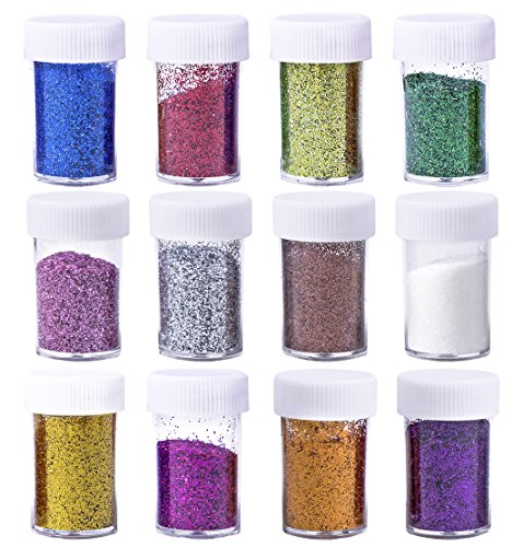 Korlon Glitter Powder Shakers, Extra Fine Glitter Set, Arts and Crafts Supplies Loose Cosmetic Glitter, Great for Slime, Scrapbooking, Face, Body, Nail Arts, Holiday Craft, Assorted Colors, Set of 12