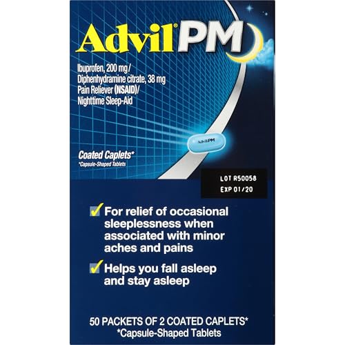 ADVIL PM PAIN RELIEVER AND NIGHTTIME SLEEP AID, PAIN MEDICINE WITH IBUPROFEN FOR PAIN RELIEF AND DIPHENHYDRAMINE CITRATE FOR A SLEEP AID – 50X2 COATED CAPLETS