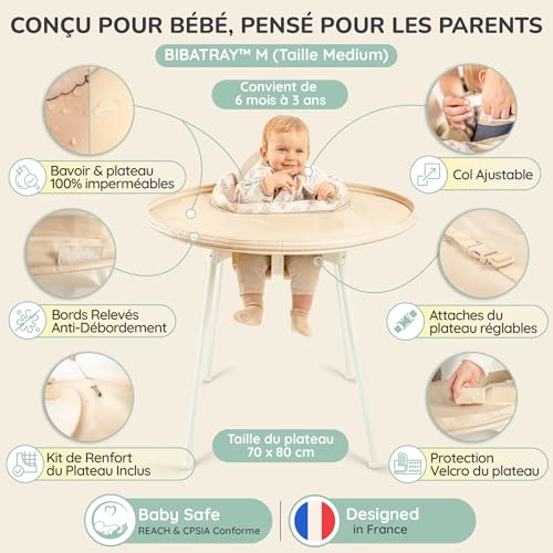 Bibaelin BIBATRAY M – DME/BLW Bib Set & Long Sleeve Apron – Full Waterproof Baby Coat – Universal High Chair Protection + Zip Bag – Compatible with IKEA Antilop – 6 Months +
