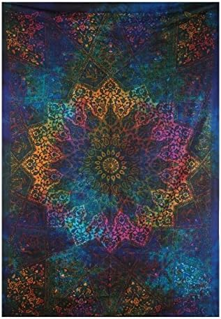 Yajna Indian Hippie Gypsy Bohemian Psychedelic Elephant Tie Dye Star Mandala Wall Hanging Tapestry Blue Twin Size 54x72 Inches 140x185 Cm