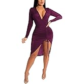 BOGURST Winter Velour Dress for Women Wrap Deep V Neck Long Sleeve Midi Dress Cocktail Party Bodycon Dress