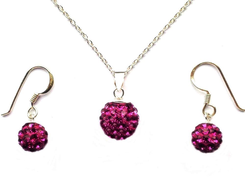 A Gift With Meaning. JULY BIRTHSTONE RUBY Sterling Silver 925 And AAA Crystal 10mm Ball Necklace With 8mm Drop Earrings.