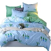 LAMEJOR Duvet Cover Sets Queen Size Cactus Pattern Reversible Bedding Set Comforter Cover Mint/Pale Blue(1 Duvet Cover+2 Pillowcases)