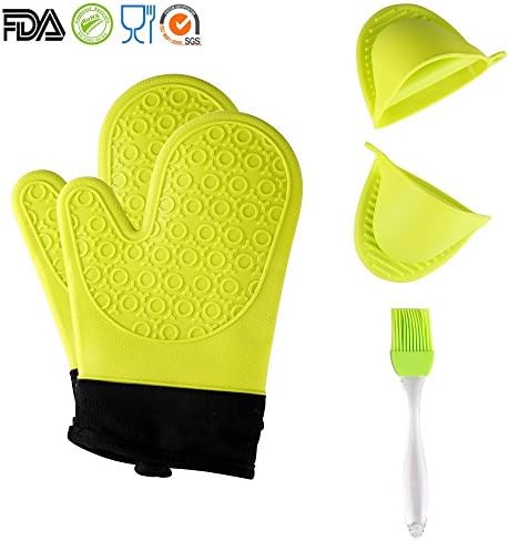 TOPBRY Heat Resistant Silicone Oven Gloves Non-Slip(1 Pair) for Kitchen Grilling Cooking and Baking&amp; 2 Free BONUS Items - Brush &amp; Pot Holder (green)