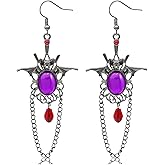 Gothic Bat Chain Earrings Vintage Crystal Cameo Dangle Earrings Vampire Dark Gemstone Drop Earrings Victoria Witch Halloween Jewelry Accessories for Women