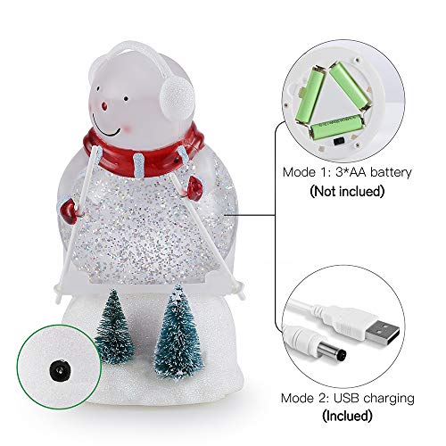 pearlstar Lighted Snow Globe Figurine - 7.3'' Cute Skiing Snowman, Water Snow Globe with Swirling Glitter and Battery & USB Powered, Great Home Decoration and Gift (Snowman)