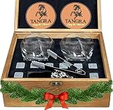 WHISKEY STONES LUXURY GIFT SET of 8 Granite Ice Cubes Reusable Chilling Rocks + 2 Large Size Scotch Glasses in Wooden Box. Cool Whiskey Gift Sets for Man Dad Father Groomsmen by TANGRA