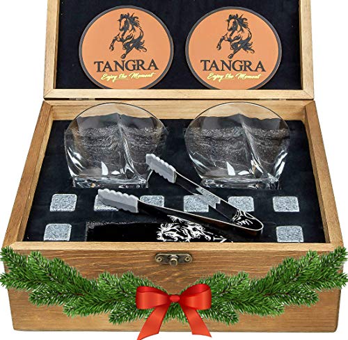 WHISKEY STONES LUXURY GIFT SET of 8 Granite Ice Cubes Reusable Chilling Rocks + 2 Large Size Scotch Glasses in Wooden Box. Cool Whiskey Gift Sets for Man Dad Father Groomsmen by TANGRA