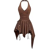 WDIRARA Women's Punk Halter Mini Dress Western Asymmetrical Ruffle Sleeveless Drawstring Ruched A Line Dresses