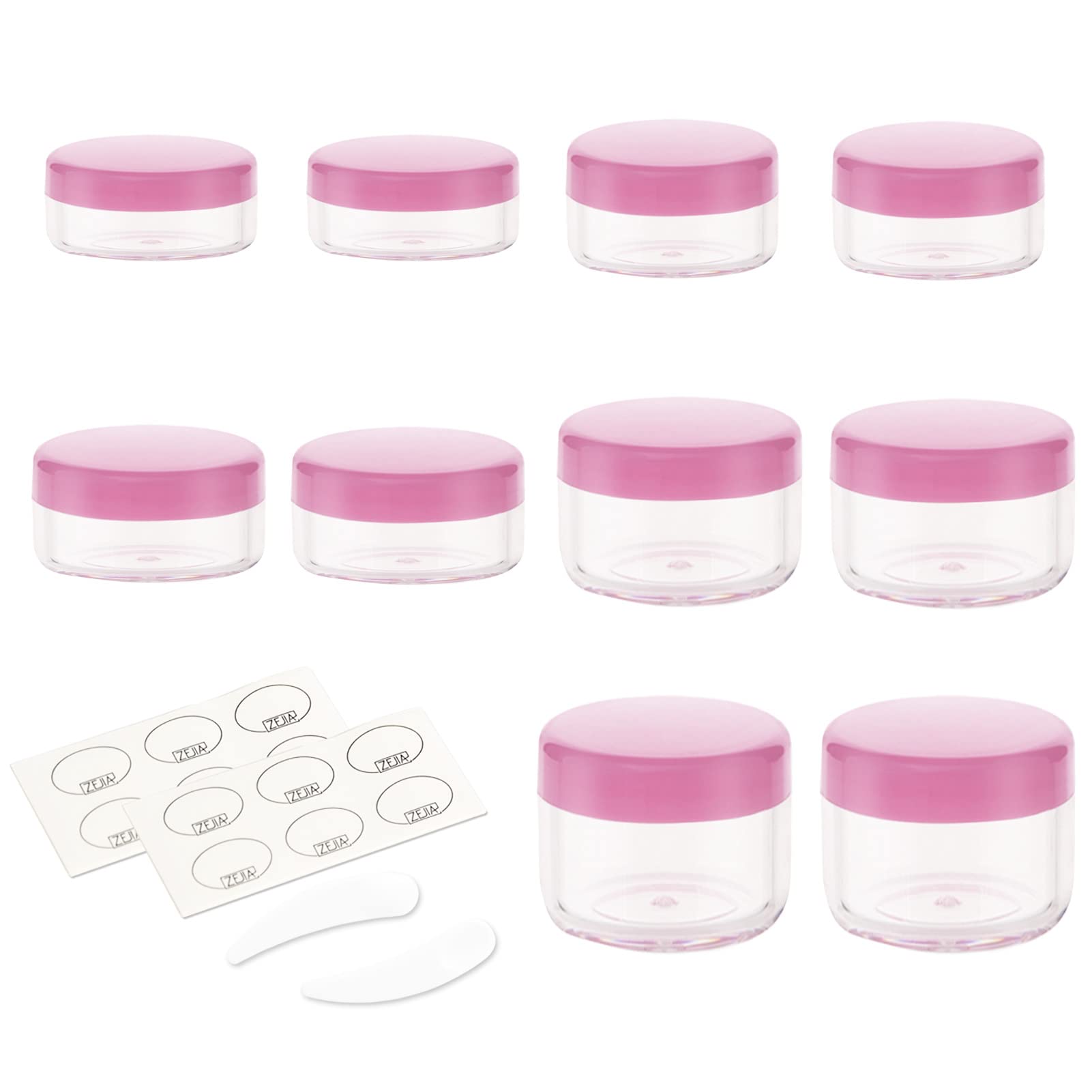 ZEJIA 10pcs Pink Sample Containers with Screw Lids,5 Size 3/5/10/15/20 Gram Empty Cosmetic Jars with 12pcs Lables and 2pcs Mini Disposable Spatula,Makeup Sample Containers BPA Free