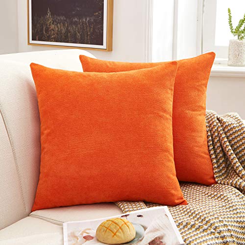 MERNETTE PACK OF 2, THICK CHENILLE DECORATIVE SQUARE THROW PILLOW COVER CUSHION COVERS PILLOWCASE, HOME DECOR DECORATIONS FOR SOFA COUCH BED CHAIR 16X16 INCH/40X40 CM (ORANGE)