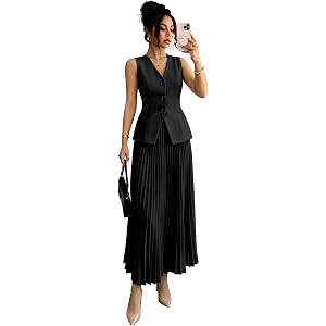 Jgsbim Women's Suit 2 Piece Blazer & Maxi Skirt Set Sleeveless Blazer A-Line Ruched Tea Length Skirt Formal Outfit Suit Set