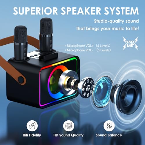 Karaoke Machine,Portable Bluetooth Speaker with 2 Wireless Microphone for Adults & Kids with LED Lights, Karaoke Microphone with PA System Supports USB/TF/AUX,Gift for Party (Black)
