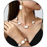 Uarein Chunky Gold Plated Baroque Pearl Jewelry Set for Women,Adjustable White Pearl Choker Necklace Valentine's Day Wedding Bridesmaid Accessories Gifts