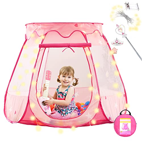 Gentle Monster Pop Up Princess Tent with 5 Meters Light String, Girls Play Tent Bonus Tiara and Wand Set, Foldable Indoor & Outdoor Toddler Playhouse