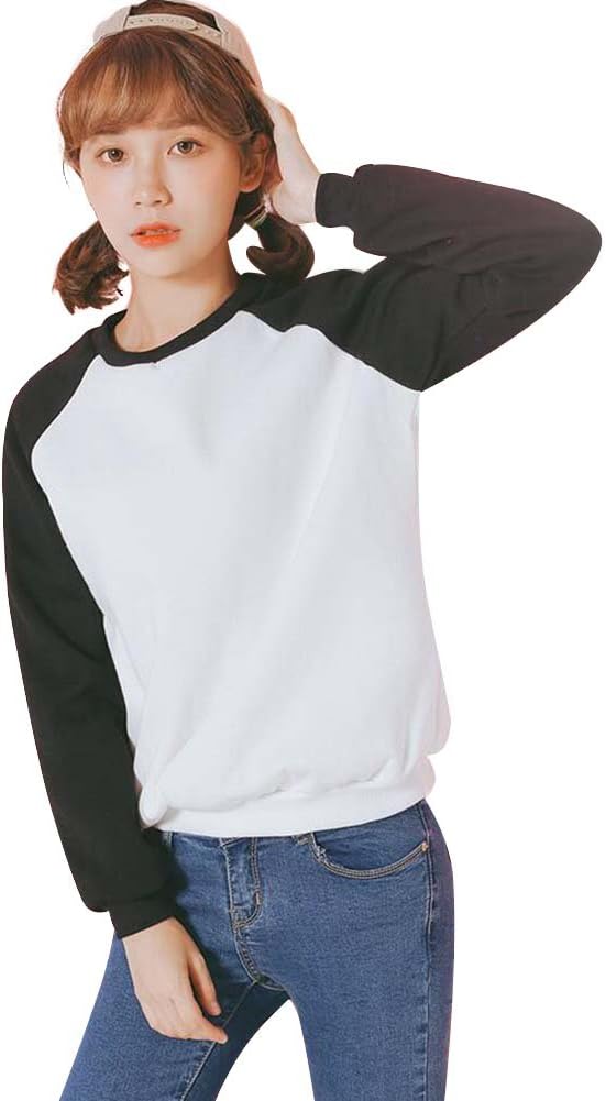 Women's Korean Crewneck Color Block Casual Pullover Sweatshirt Hoodie Black XL