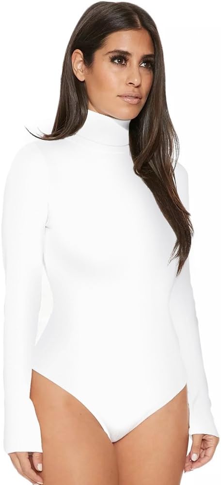 GUCHIS Womens Stretchy Turtleneck Long Sleeve Thong Bodysuit Solid Color Romper