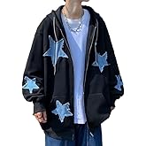 BAIMORE Unisex Vintage Blue Star Patch Drawstring Zipper Hoodie Loose Casual Couple Jacket