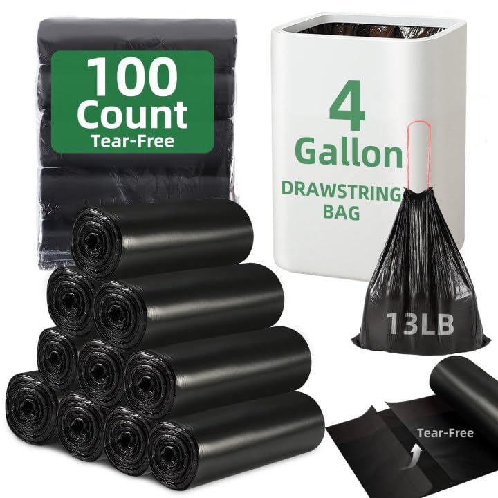 Photo 1 of 100 Counts 4 Gallon Trash Bag Drawstring Small Trash Bags, Thick Pre-separated Garbage Bags, Trash Bin Liners, Suitable for bathroom, kitchen, bedroom, office (Black)