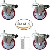 4 Inch Total Lock Caster - Red Polyurethane Wheel - 1/2"-13 x1" Threaded Stem Set of 4