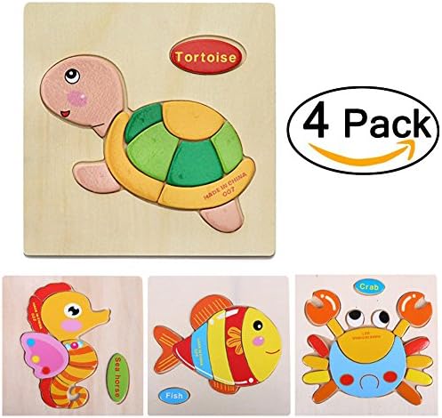 4 pcs 3D Wooden Puzzles Jigsaw Educational Toys Puzzle for Toddlers Adult Kids 1-5 years(Pack of 4)-Transportation-Truck Ship Plane Balloon (Seabed Animals Set)