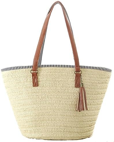 Agneta Women's Simple and Fashionable Tassel Tote One-Shoulder Straw Woven Shoulder Bag