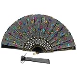 Newstarfactory Peacock Feather Colored Sequins Design Black Plastic Folding Hand Fan with Special Gift