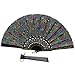 Newstarfactory Peacock Feather Colored Sequins Design Black Plastic Folding Hand Fan with Special Gift