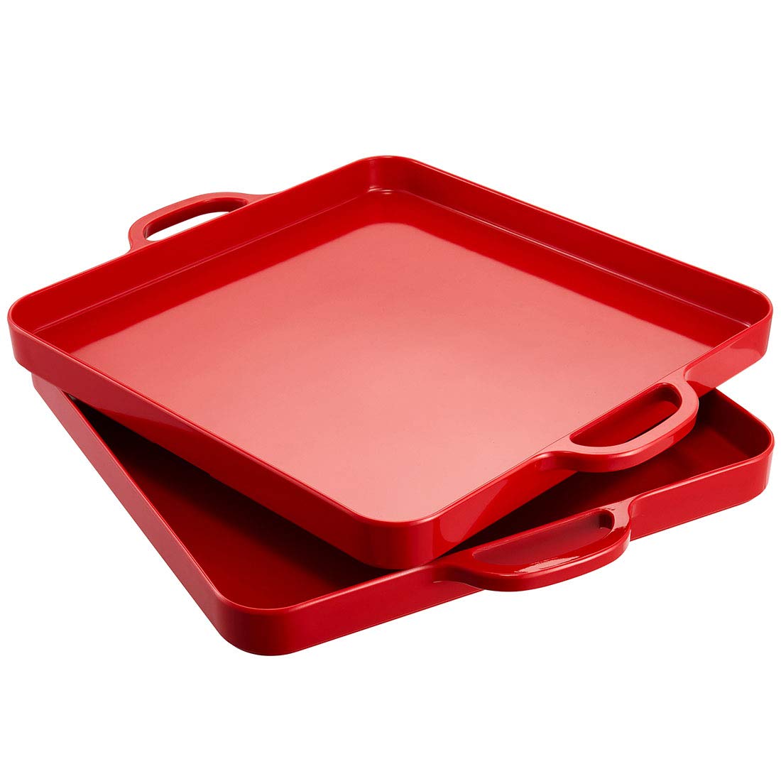 i BKGOO Foodservice Red Plastic Tray with Handle Set of 2 Large Melamine Cube Serving Platters for Parties, Table, Kitchen Size 12.5x12.5x1 inch
