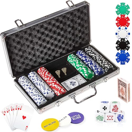 Rantuia Fichas Poker, Juego de Póquer de 300 Piezas, 5 Dados, 2 Barajas de Cartas Viene con Estuche de Transporte de Aluminio, Fichas de Poker Apto para Adultos y Niños a Partir de 8 años.