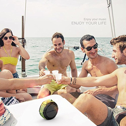 Bluetooth-shower-speaker-by-AncordWorks-5W-Driver-23-Hours-Playtime-with-8G-TF-CardCard-ReaderSuction-CupClip-CarabinerDC-Charger-Army-Green