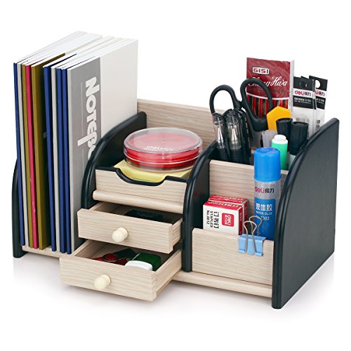 AZDENT Wood Desk Organizer Office Storage Rack with 2 Drawers 5 Compartments 2 Mail Sorter Holder Desktop Table and Counter