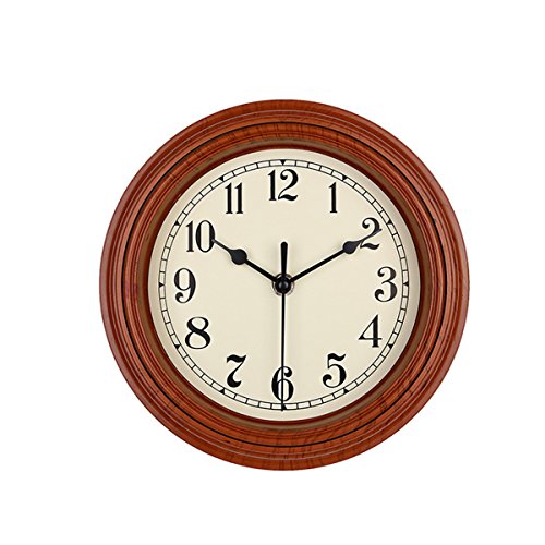 Foxtop Silent Minimalist Wall Clock Non Ticking Digital Quiet Sweep 9-Inches Home Decor Round Vintage Resin Wall Clocks (Brown)