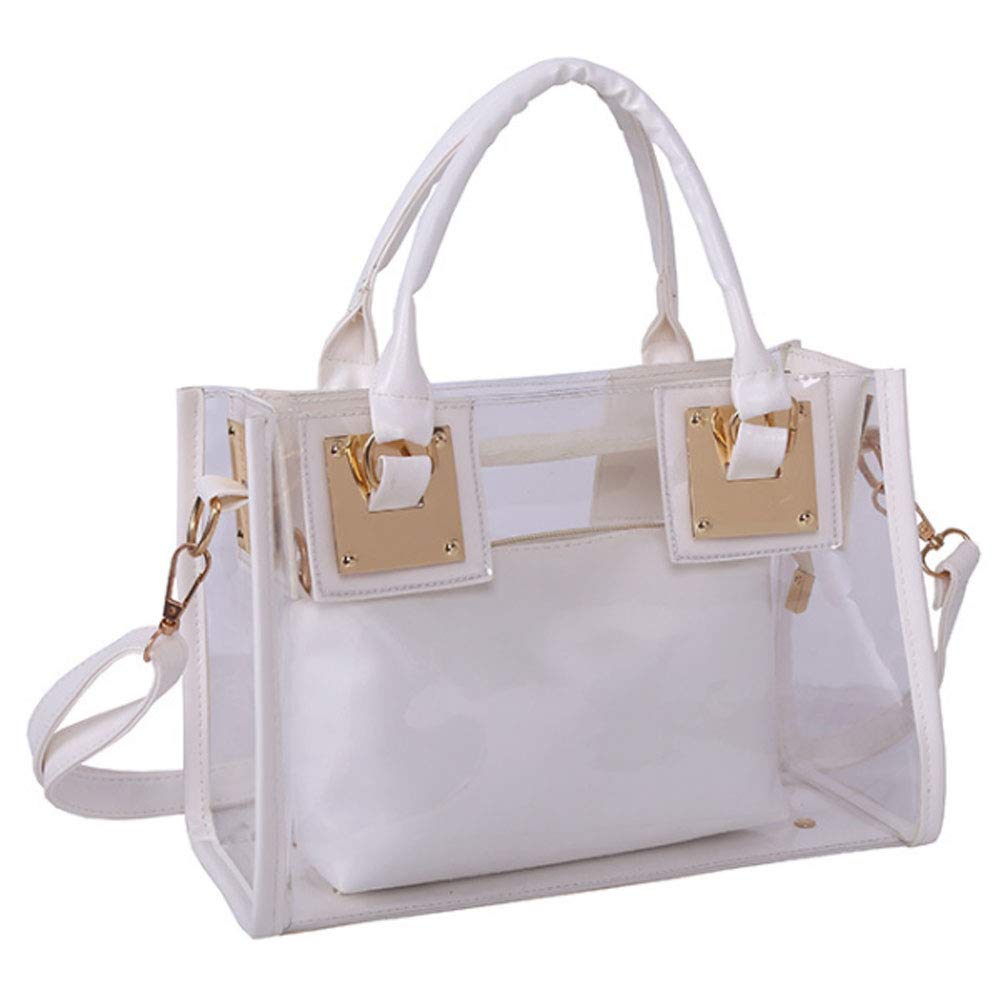 Rullar Women 2 Pcs Small Clear Tote Beach Shoulder Top-Handle Bag PVC Transparent Satchel Handbag Purse White