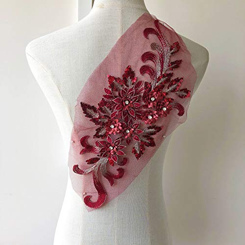 Shimmer Burgundy 3D Flower Lace Applique Crystal Sequined Embroidery Lace Patch Wedding Motif Sew on Dress Gown Costumes