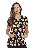 217V-11-M Dreamcrest Women's Scrub Tops / Holiday Scrubs / Nursing Scrubs; Neon Owl; Medium