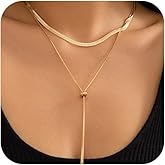 Douxsu Layered Long Gold Choker Statement Y Necklaces for Women Dainty, Trendy Silver Beads Snake Chain Lariat Necklace Exquisite Party Prom Jewelry Accessories