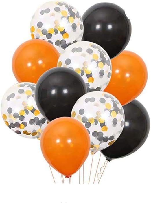 Lumanuby. Globo clásico Naranja y Negro de látex con Confeti, Globo de
