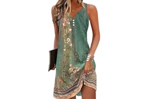 ETCYY NEW V-Neck Floral Printed Summer A-Line Elegant Dresses Womens Vintage Sleeveless Beach Sundress Ladies Casual Loose Boho Dress