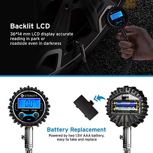 Etekcity GL-1099B Digital Tire Pressure Gauge 230 PSI with Backlit LCD, Air Bleed and Low Battery Indicator, Heavy Duty Measure Accuracy 0.1 Display Resolution for Truck, SUV, RV, Motorcycle - Thumbnail 5