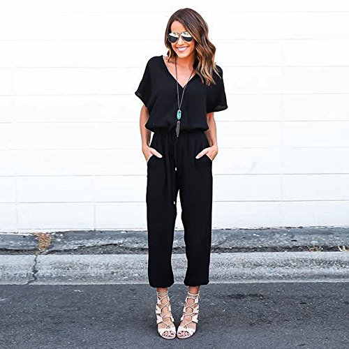 Chanyuhui Jumpsuits for Women Solid V Neck Long Pants Bandage Clubwear Romper Jumpsuit Bodysuit (M, Black)