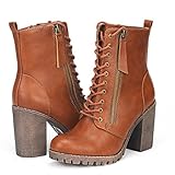 DREAM PAIRS SILVERADO Women's Vegan Round Toe Stacked Lug Heel Lace Up Ziopper Ankle Booties Boots Tan Size 8